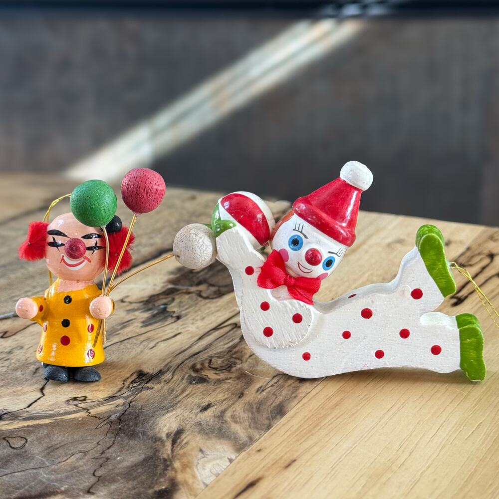 Set of 2 Vintage Handpainted Wood Clown Ornaments - Retro 80s Circus Holiday